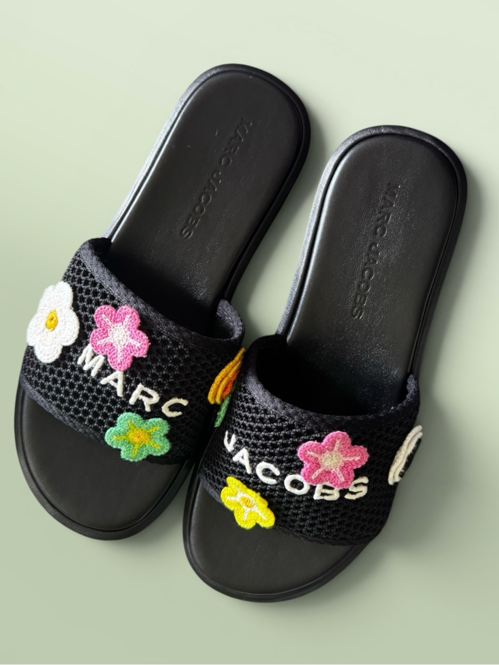 Marc Jacobs Black Crochet Floral Platform Slide Sandals With Colorful Flowers